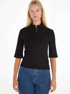 Dame Strickullover RIB ZIP MOCK TOP 1/2 SLV Kurzarm