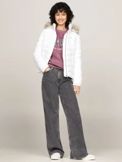 Damen Daunenjacke mit Kapuze und Kunstpelzbesatz Slim Fit