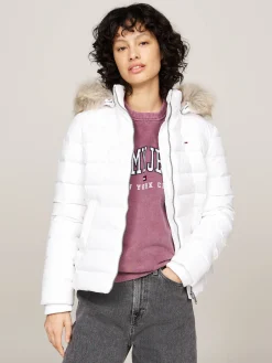 Damen Daunenjacke mit Kapuze und Kunstpelzbesatz Slim Fit