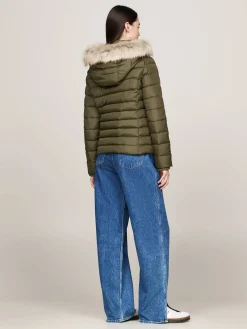 Damen Daunenjacke mit Kapuze und Kunstpelzbesatz Slim Fit