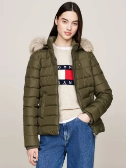 Damen Daunenjacke mit Kapuze und Kunstpelzbesatz Slim Fit