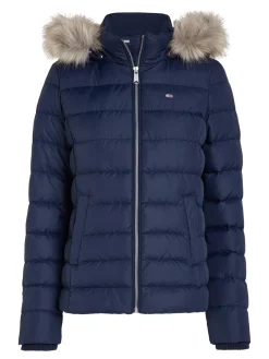 Damen Daunenjacke mit Kapuze und Kunstpelzbesatz Slim Fit