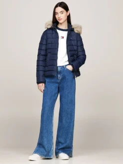 Damen Daunenjacke mit Kapuze und Kunstpelzbesatz Slim Fit