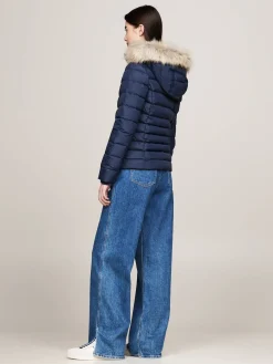 Damen Daunenjacke mit Kapuze und Kunstpelzbesatz Slim Fit