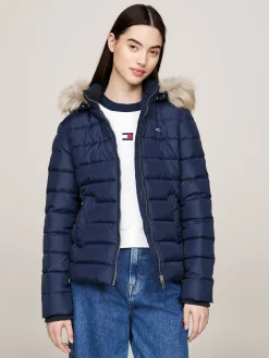 Damen Daunenjacke mit Kapuze und Kunstpelzbesatz Slim Fit