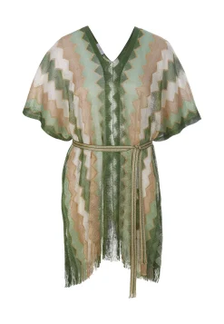 Damen Poncho mit Fransen und Taillengürtel