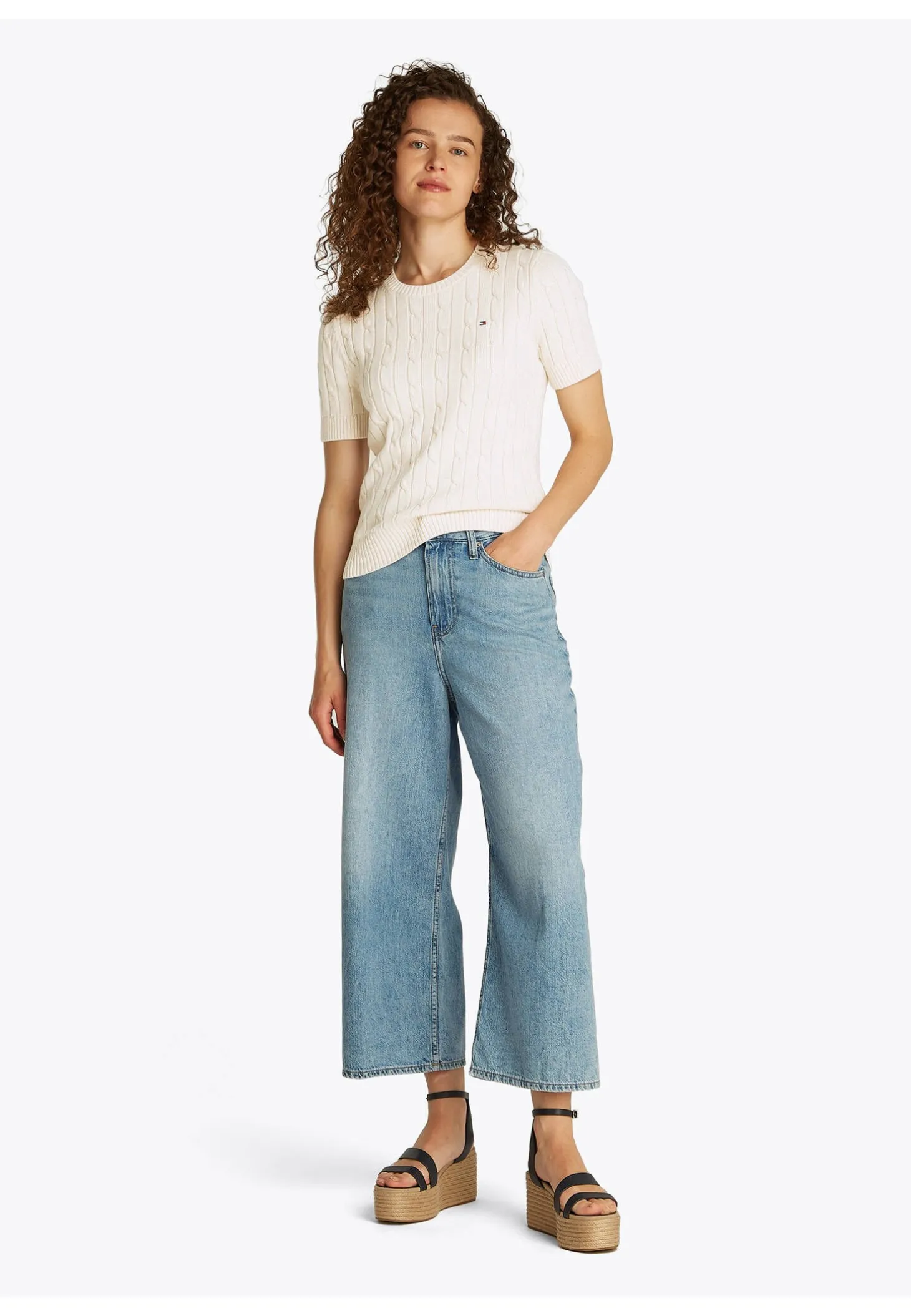 Damen Strickpullover COTTON MINI CABLE Slim Fit Kurzarm