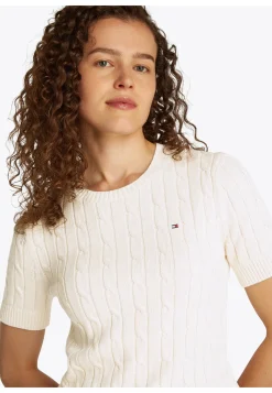 Damen Strickpullover COTTON MINI CABLE Slim Fit Kurzarm