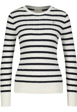 Damen Strickpullover STRETCH COTTON CABLE STRIPE C-NECK