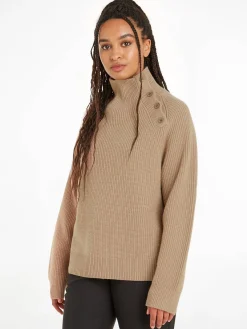 Damen Wollpullover RECYCLED WOOL BUTTON MOCK NECK
